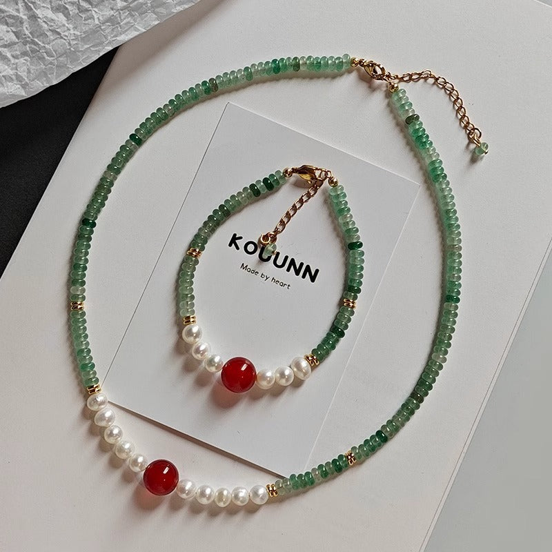 Natural freshwater pearl Dongling jade bead necklace bracelet with red agate design