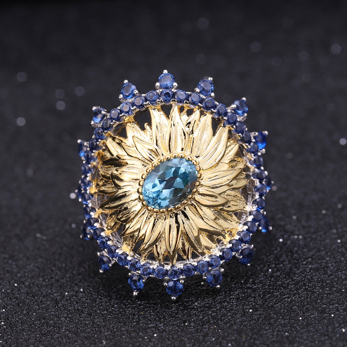 925 Silver Sunflower Natural Sapphire Ring