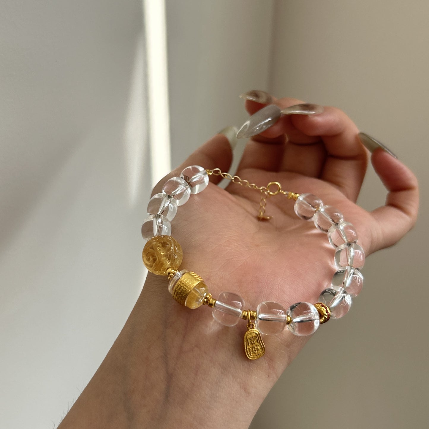 Natural premium white crystal yellow crystal vintage silver bracelet