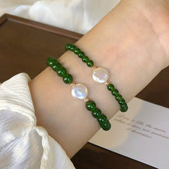 Green Jade | Irregular Baroque Freshwater Pearl Green Jade Agate Bracelet with Adjustable Elasticity and Beaded Agate Bracelet