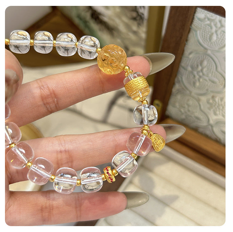 Natural premium white crystal yellow crystal vintage silver bracelet