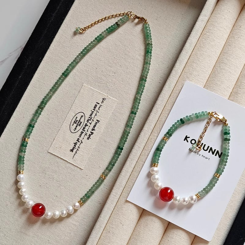 Natural freshwater pearl Dongling jade bead necklace bracelet with red agate design